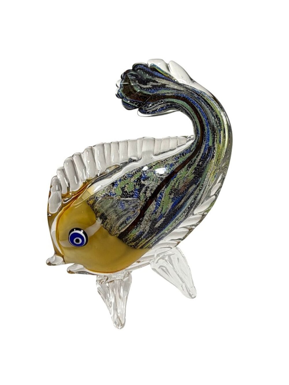 Vintage Murano-Style Hand Blown Art Glass Multi-Color Fish Figurine. 9"x11"x3"